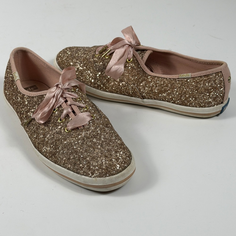 Keds x Kate Spade Glitter Sneakers Women's 8 Rose Gold Sparkle Ribbon Lace Up
